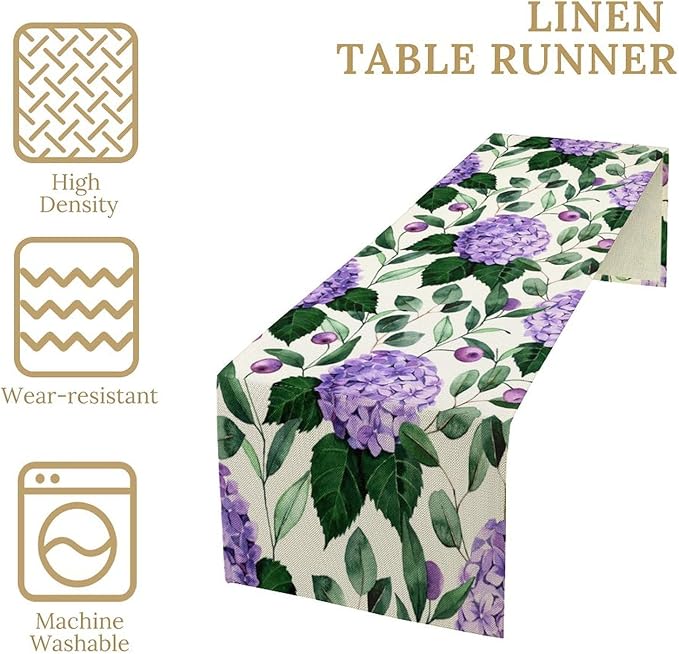 Spring Hydrangea Flower Table Runner, Seasonal Summer Plants Eucalyptus Leaves Purple Florals Dinner Runner for Home Kitchen Dining Table Party Holiday Decoration 13"x90"