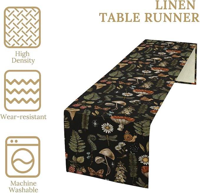 Mushroom Table Runner,Retro Forest Plant Table Runner for Kitchen Dining Table Home Party Decoration 13x72 Inch