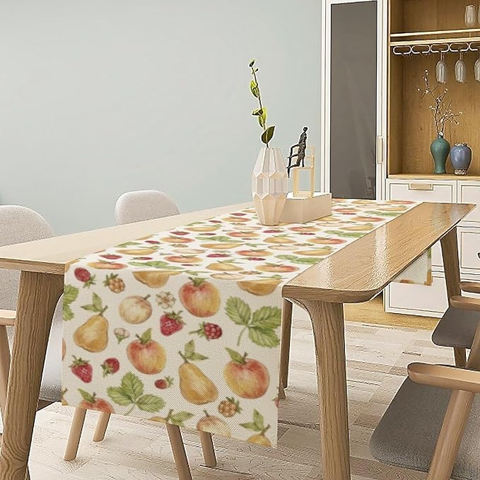 Vintage Spring Summer Fruit Table Runner Watercolor Pear Strawberry Leaves Dinner Runner for Farmhouse Party Holiday Home Kitchen Dining Table Decor 13x36