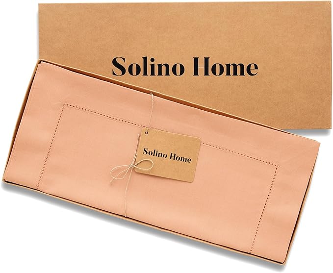 Solino Home Cotton Linen Table Runner 36 Inches - Peach Bloom Hemstitch Table Runner 14 x 36 Inch Ideal for Dresser and Coffee Tables
