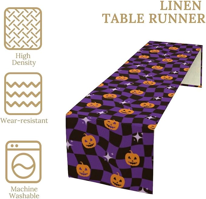 Halloween Table Runner,Purple Checkered Pumpkin Table Runner for Kitchen Dining Table Decoration Home Party Decor 13x108 Inch