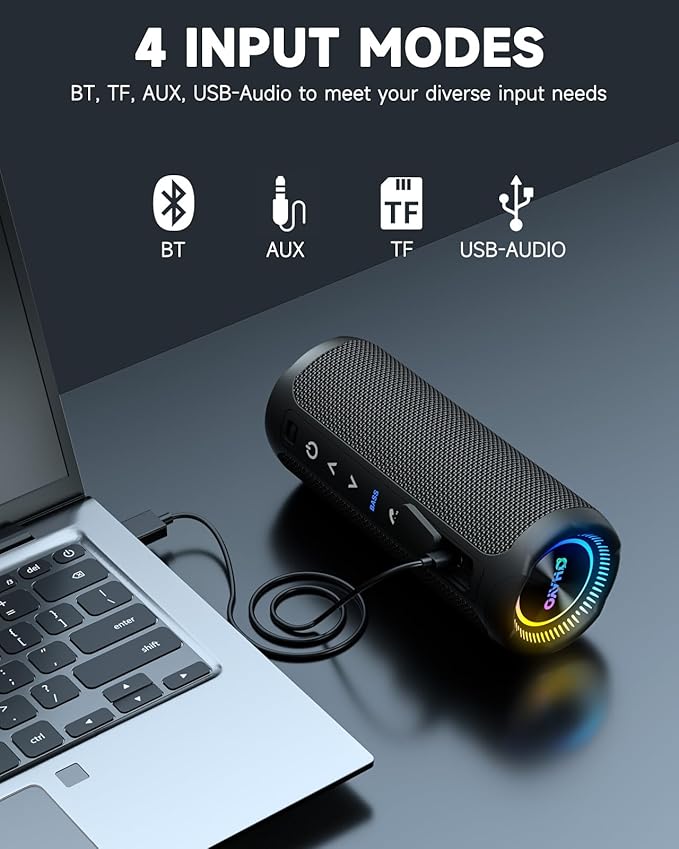 Bluetooth Speakers Wireless Loud Stereo Sound IPX7 Waterproof Outdoor Portable 25W Super Bass Speaker for Home Party Beach with 24H Playtime Colorful Lights BT5.3 TWS Pairing Birthday Gift Black