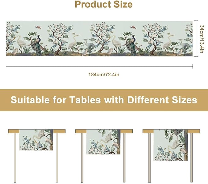 Peacock Table Runner,Retro Chinese Peonies Flowers Peacock Table Runner for Home Kitchen Dining Party Indoor Outdoor Decoration 13x120 Inch