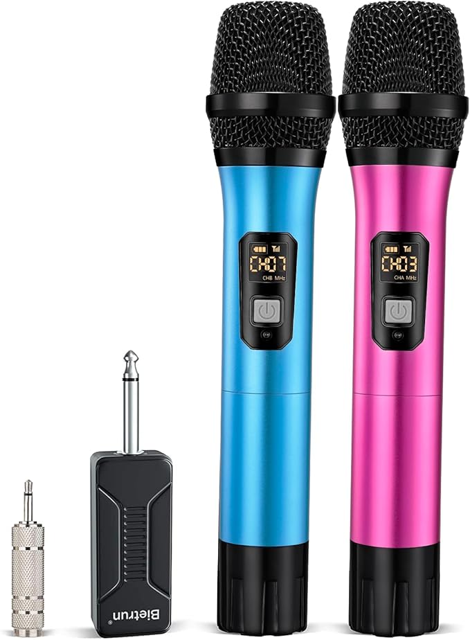 Wireless Microphone, Bietrun UHF Metal Dual Handheld Cordless Dynamic Mic System with Rechargeable Receiver, 1/4‘’Output, for Karaoke, Church, Speech, Wedding, Party Singing(160 ft Range)-Auto Connect