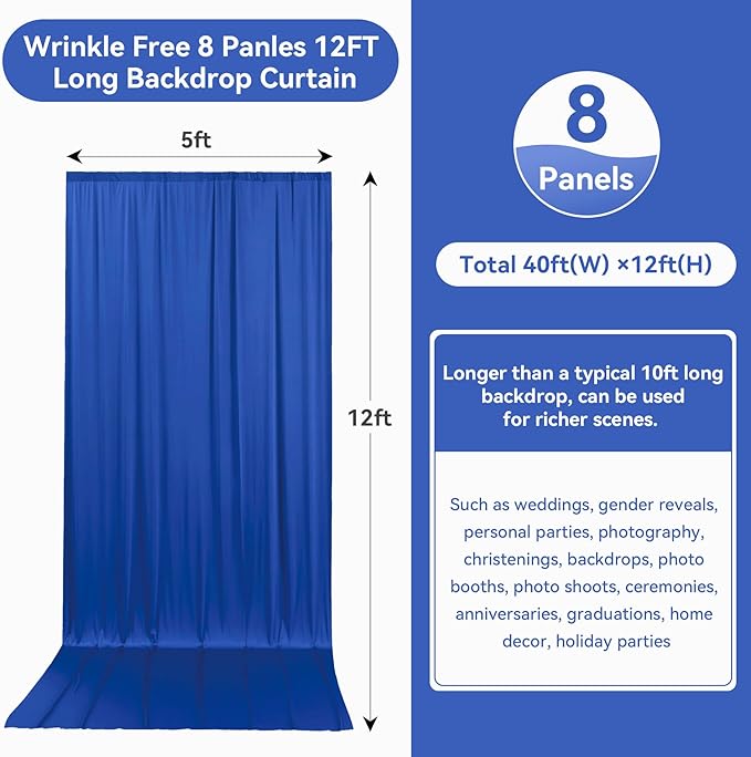 40ftx12ft Wrinkle Free Royal Blue Backdrop Curtain, 8 Panels 12FT Height Royal Blue Wedding Backdrop Drapes, Silky Polyester Back Drop Cloth for Birthday Photography Background Party Backdrop Draping