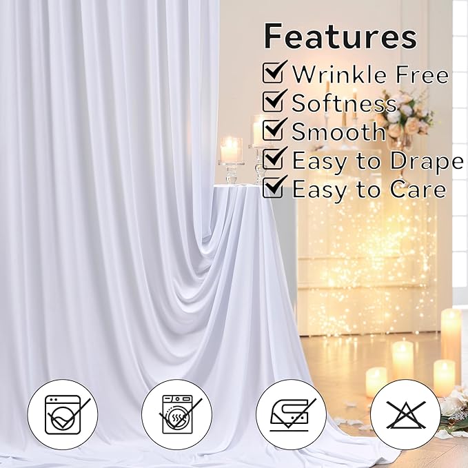 50×12ft Wrinkle Free White Backdrop Curtain, Soft Silky Draping Wedding Drapes for Backdrop 10 Panels 12 ft Long Backdrop Curtains for Birthday Baby Shower Photo Photography Background Cloth