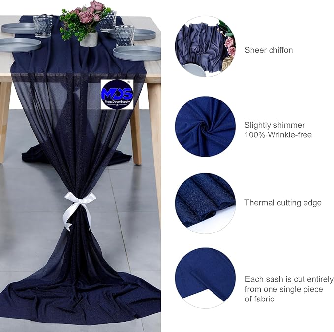 MDS 15 Pack 10ft Chiffon Table Runner 29 x 120 Inches Sheer Wedding Runner Romantic Rustic Table Runner for Wedding Decorations, Birthday Parties, Bridal Shower Party Arch Decor - Navy Blue