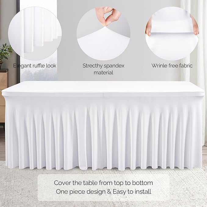 Wish Care 2 Pack White Spandex Table Clothes for 6 Foot Rectangle Tables, 6FT Wrinkle Free Fitted Tablecloths Ruffles Design Table Cover for Party, Banquet, Wedding and Events