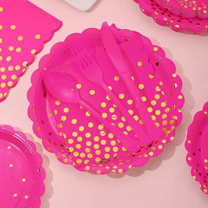 175Pcs Pink Party Supplies, Hot Pink Paper Plates and Napkins Include Scalloped Plates Napkins Cups Plastic Cutlery Set for Bridal Shower Girl Birthday