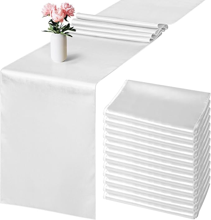 Aneco 12 Pack Satin Table Runner 12 x 108 Inch White Long Wedding Satin Silk Table Runner for Wedding Banquet Graduations Birthday Party Decoration