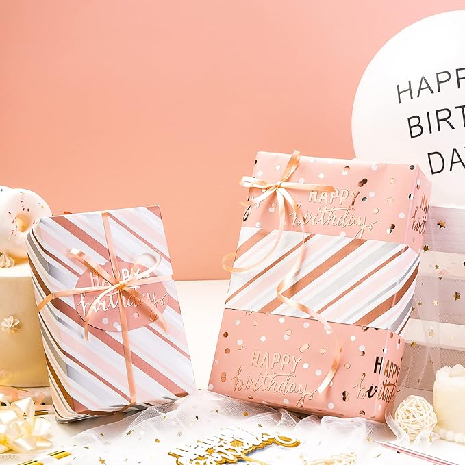 LeZakaa Reversible Pink Birthday Wrapping Paper Roll for Girls Women, Happy Birthday Lettering & Stripe Pattern with Metallic Foil in Pink, Mini Roll, 17 inches x 16.4 Feet