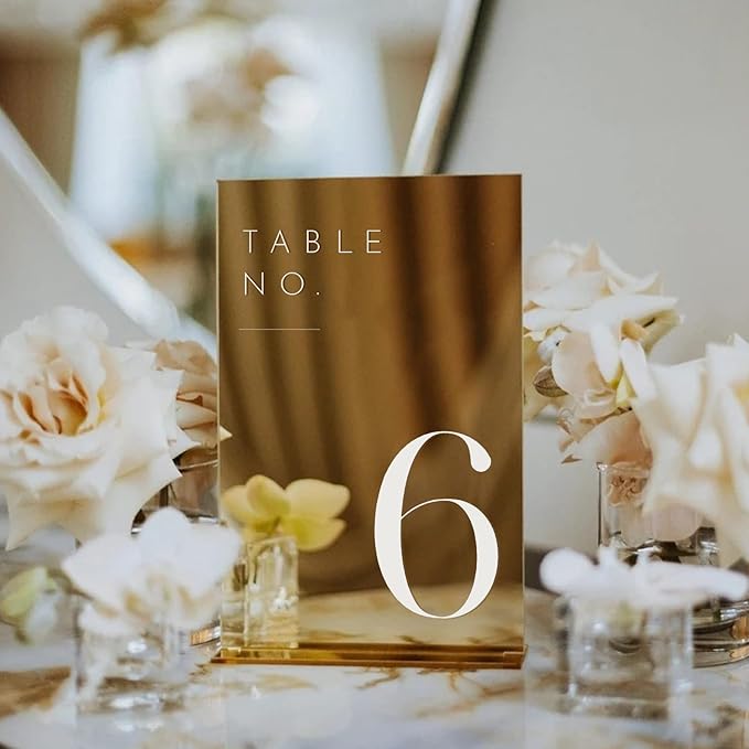 JINMURY Gold Wedding Table Numbers 1-10 with Stands, 5"x7" Gold Mirror Acrylic Table Numbers, Perfect for Wedding Reception, Party, Anniversary, Event