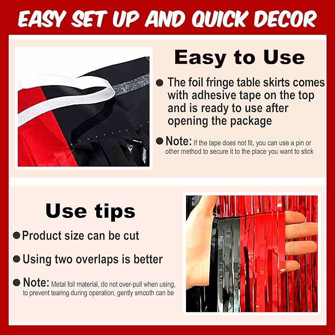 3 Pack 29 x108 Inch Black and Red Foil Fringe Table Skirts Metallic Banner for Tinsel Streamer Garland Backdrop for Parade Floats Mother's Day, Graduate, Birthday, Wedding Party Decoration