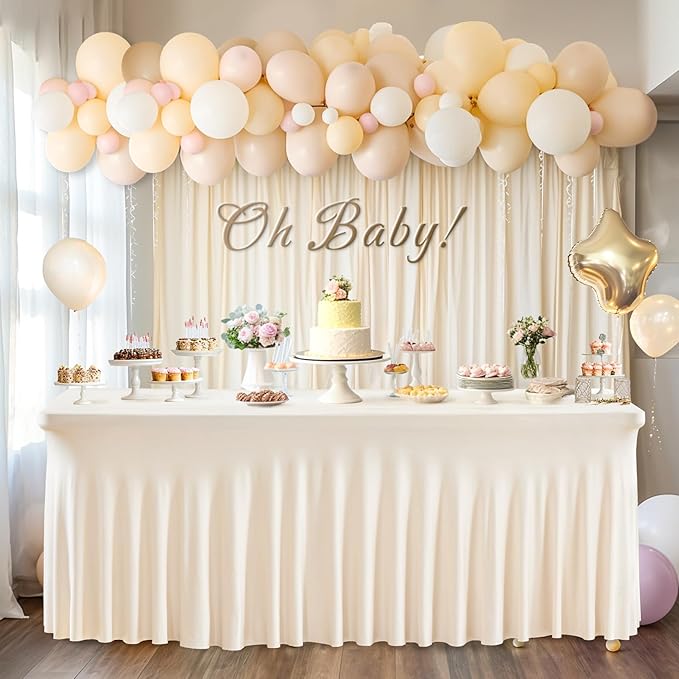Wish Care 2 Pack Ivory Spandex Table Clothes for 4 Foot Rectangle Tables, 4FT Wrinkle Free Fitted Tablecloths Ruffles Design Table Cover for Party, Banquet, Wedding and Events
