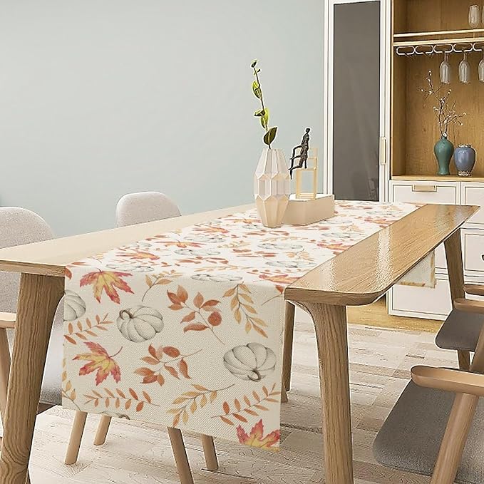 Pumpkin Leaves Table Runner,Seasonal Autumn Thanksgiving Kitchen Dining Table Decoration for Home Party Decor 13x90 Inch