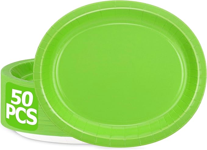 QZYL 50 Pcs Party Decorations, 12.2'' X 10.2'' Oval Large Paper Plates, Lime Green Disposable Paper Plate Heavy Duty Daily Dinner Plates for Birthday Party Wedding Picnic Holiday