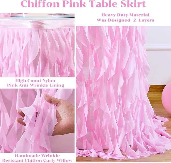 PARTISKY Pink Tulle Curly Willow Table Skirt for Rectangle Table 17ft, Ruffle Tutu Table Cloth for Girls Baby Shower,Birthday Party Candy Cake Tables