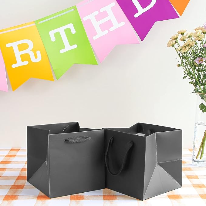 Black Paper Gift Bag Small Square Bottom Kraft Paper Bags with Handles for Wedding Baby Shower Birthday Party (Black, 8 x 8 x 8 in, 10 CT)