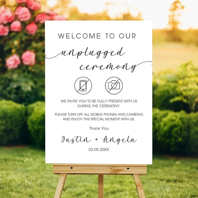 Wedding Unplugged Ceremony Yard Sign – No Phones or Cameras Icon – Outdoor Sign Personalized – Acrylic or Corrugated