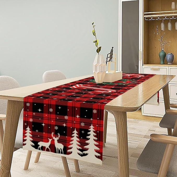 Christmas Table Runner, Red Winter Xmas Holiday Table Cloth Kitchen Dining Table Decoration for Home Party Decor 13x90 Inch