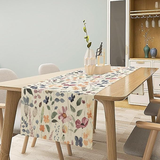 Watercolor Floral Table Runner, Vintage Colorful Floral Natural Style Pattern Decorative Home Restaurant Kitchen Rectangle Table Runner,13in（33cm） W * 72in（184cm） L