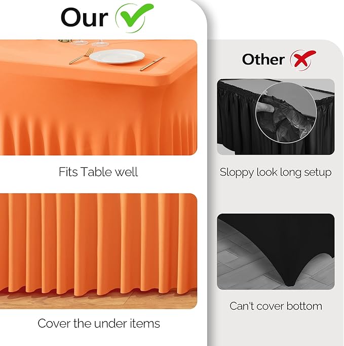 Wish Care 6 Pack Orange Spandex Table Clothes for 6 Foot Rectangle Tables, 6FT Wrinkle Free Fitted Tablecloths Ruffles Design Table Cover for Party, Banquet, Wedding and Events