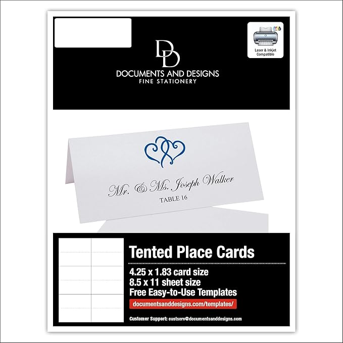 Linked Hearts Printable Place Cards, Royal Blue (Choose Color), Set of 60 (10 Sheets), Laser & Inkjet Printers - Wedding, Party, Dinner, and Special Events - Made in the USA