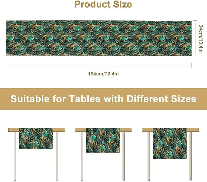 Peacock Feather Table Runner,Retro Aesthetic Green Table Runner for Home Kitchen Dining Party Indoor Outdoor Decoration 13x90 Inch