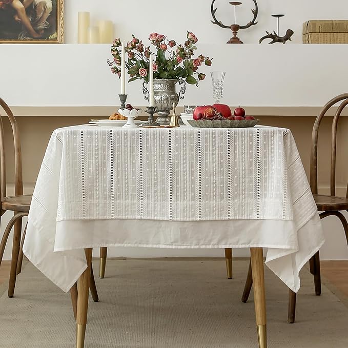 patdrea Designer Vintage Cotton White Lace Tablecloth for Rectangle Tables,French Country Cottage Embroidered Table Cloth Art Decor for Kitchen Wedding Patries Banquet Christmas,59"*75"