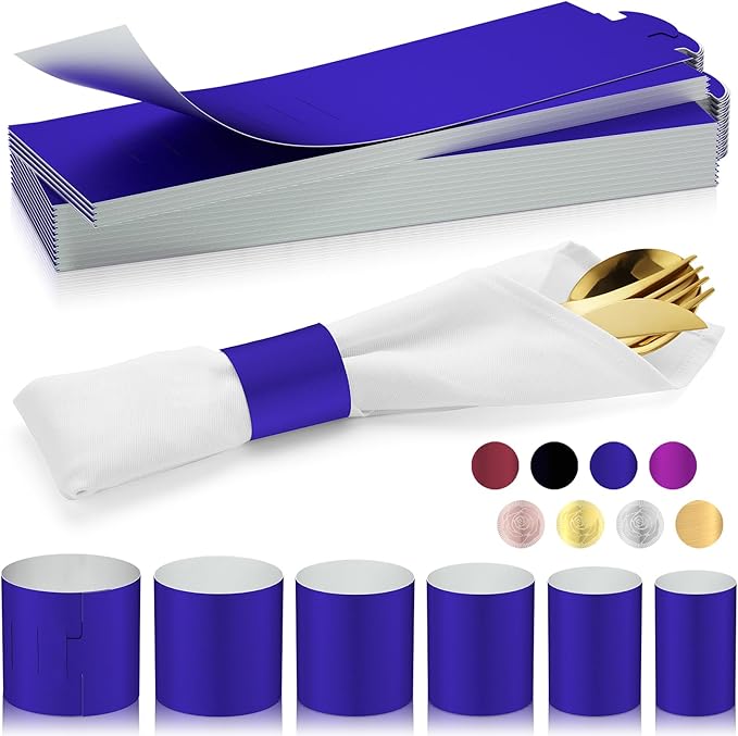 Polymer Material Reusable Napkin Band, Glue-Free Tear-Proof Water Resistant Oil-Proof Napkin Bands Set of 100(Front Blue Color and Back White), 6 Adjustable Sizes Napkin Rings