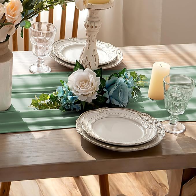 6 Pack 10 Ft Chiffon Table Runner Sage Green Gauze Long Table Runners 27x120 Inches Sheer Tulle Table Runner for Rustic Wedding Reception Bridal Shower Decorations Birthday Party