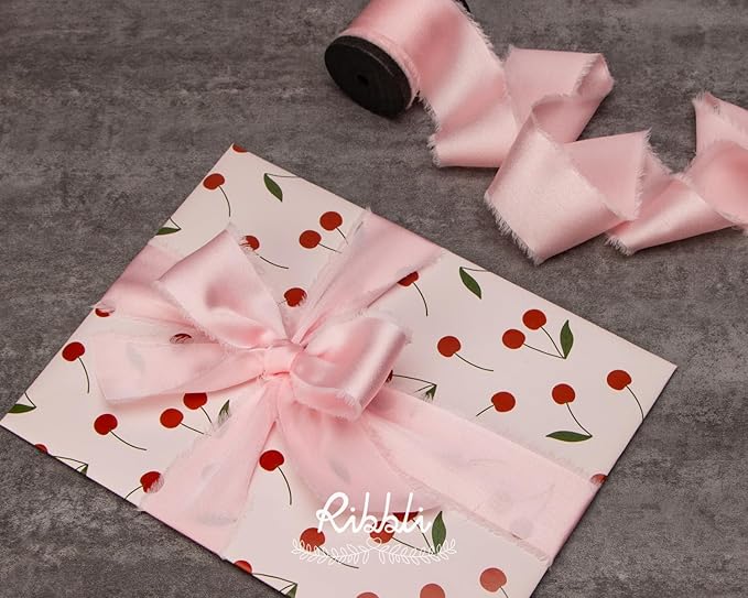 Ribbli Light Pink Silk Satin Ribbon 1.5 Inch x 12 Yard Handmade Frayed Chiffon Ribbon with Wooden Spool for Gift Wrapping, Wedding Invitations, Bridal Bouquets, Home Decor