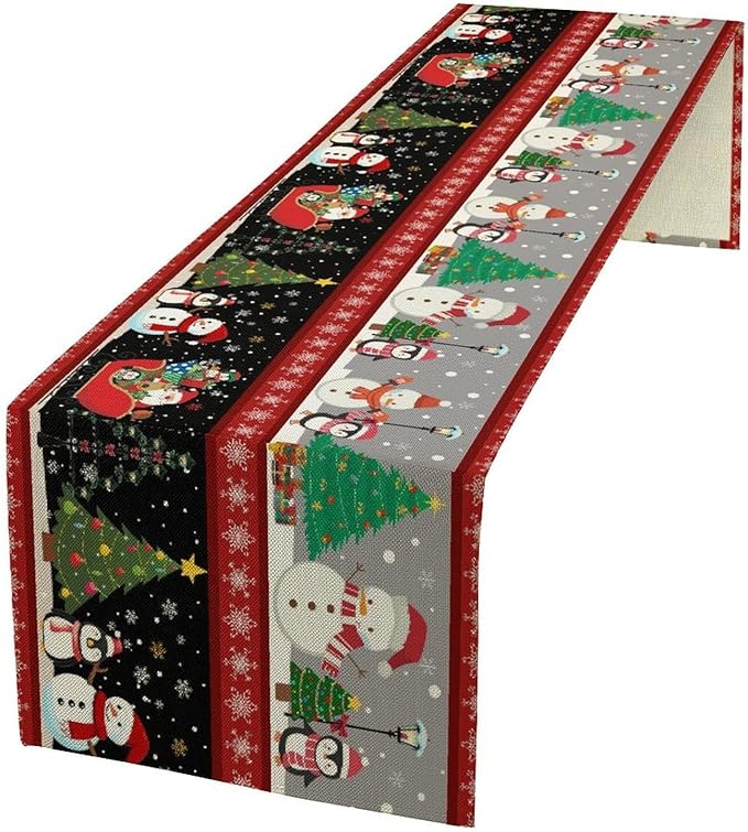 Christmas Table Runner,Cartoon Snowman Tree Xmas Deer Elk Santa Claus Print Tablecloth Burlap for Hotel Indoors Outdoor Dining Room Kitchen Home Decor,W13X L108 in