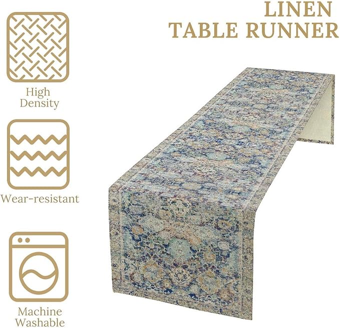 Vintage Boho Floral Table Runner, Rustic Country Farmhouse Blue Yellow Retro Flower Pattern for Home Kitchen Table Decor Dining Coffee Room Party Decor 13x90in