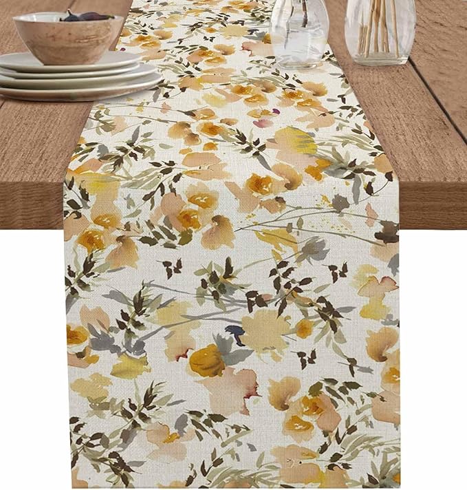 Vintage Orange Flower Cotton Linen Table Runner for Dining Kitchen, Wedding Outdoor Party Tablerunners Decoration, Farmhouse Botanical Floral Retro Dresser Scarf Coffee Tablecloth Runners 13x72 Inches