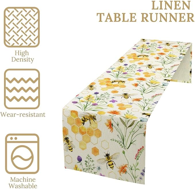 Summer Bee Table Runner, Seasonal Spring Wildflowers Bee Yellow Honeycombs Farmhouse Table Runner for Kitchen Dining Table Home Party Decor, 13x60inch