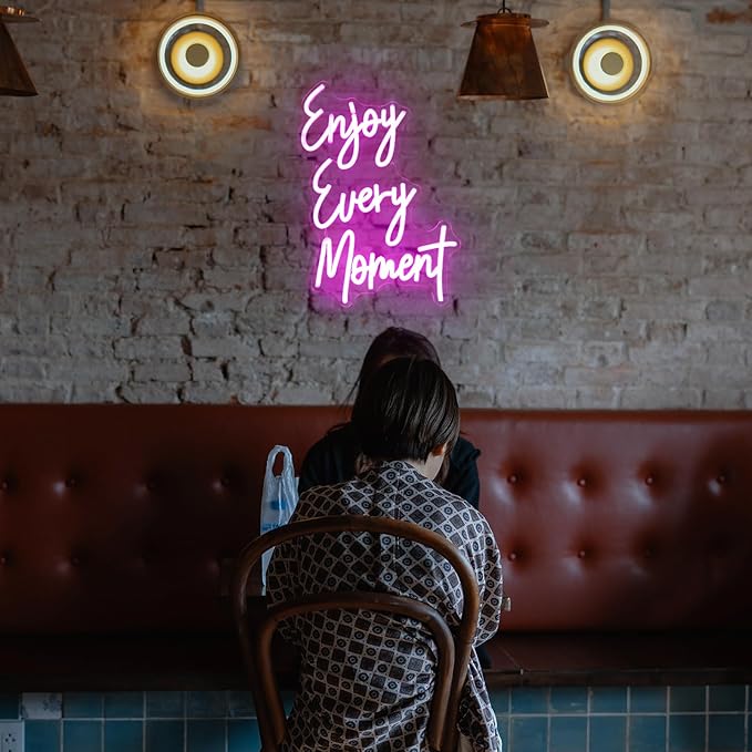 Enjoy Every Moment Neon Sign Pink Letter LED Sign Words Neon Light Up Sign Enjoy Neon Signs for Wall Decor LED Neon Lights Signs for Bedroom Bar Restaurant Salon Party Decor