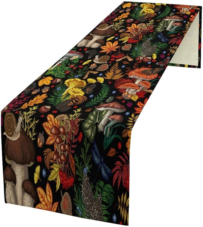 Nature Mushroom Table Runner,Retro Boho Floral Botanical Plant Forest Pattern Print Tablecloth Burlap for Hotel Indoors Outdoor Dining Room Kitchen Holiday Party, 13x70in