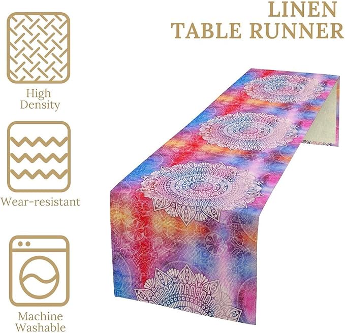 Vintage Mandala Table Runner, Bohemian Indian Purple Starry Colorful Floral Print Table Runner for Home Kitchen Dining Table Party Decor, 13x36inch