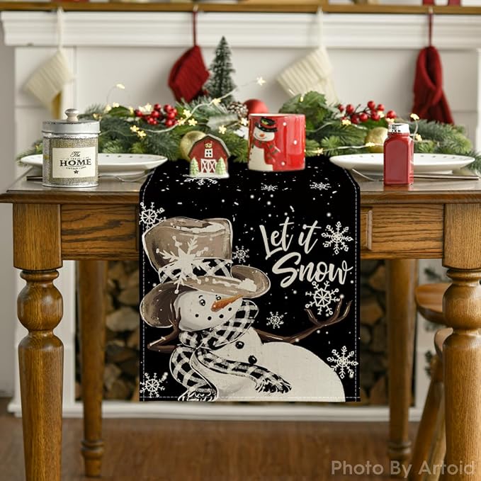 Artoid Mode Black Snowman Snowflake Let it Snow Winter Table Runner, Christmas Kitchen Dining Table Decoration for Home Party Decor 13x90 Inch