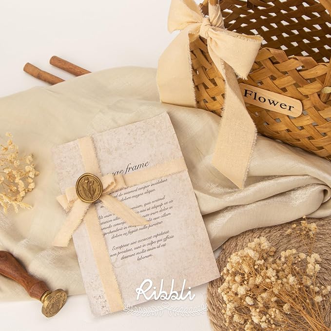 Ribbli 3 Rolls Nude Ribbon 1.5 Inch x 18Yards Beige Handmade Cotton Frayed Fringe Ribbons for Gift Wrapping Wedding Invites Bridal Bouquets Baby Shower DIY Crafts Home Decor