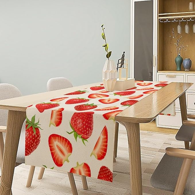 Strawberry Table Runner Spring Summer Wild Berry Fruit Theme Dinner Runner for Girl Baby Shower Party Holiday Home Kitchen Dining Table Decor 13x70