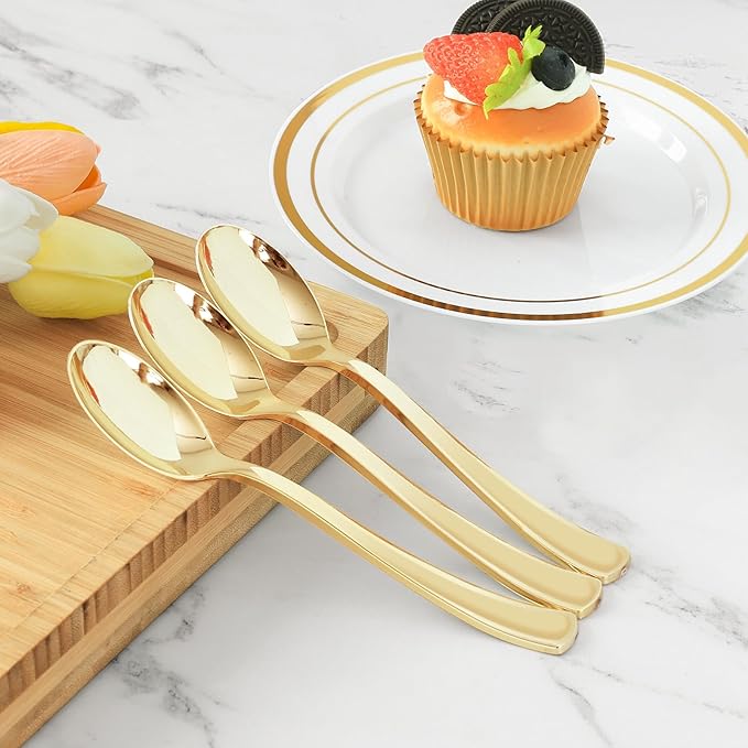 BESTVIP 300 Pack 6.9 Inch Gold Plastic Spoons, Heavy Duty Plastic Silverware, Heavyweight Gold Disposable Spoons, Disposable Serving Utensils for Catering, Parties, Dinners, Weddings, Christmas