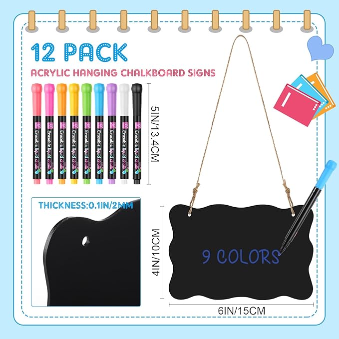 12 Pcs 4 x 6 Acrylic Chalkboard Hanging Sign with Chalk Markers Chalk Board Signs with Hanging String for Wedding Kitchen Home Party Decoration (Wave)