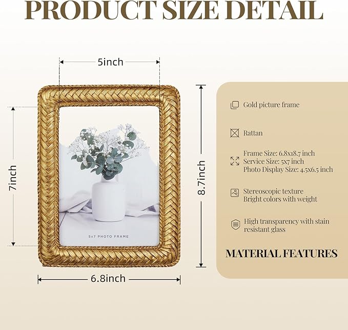 Cuspin 5x7 Gold Picture Frame, Ornate Decorative Rattan Resin Photo Frame, Gold Frames Braided Design for Tabletop Display or Wall Hanging, Elegant Home Decor