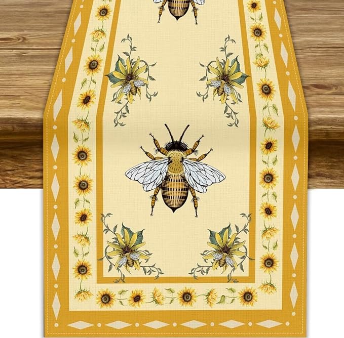 Honey Bee Table Runner, Farmhouse Yellow Sunflower Retro Summer Linen Tables Runners for Kitchen Dining Table Home Party Decor, 13x108inch
