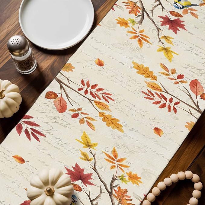 Thanksgiving Fall Cotton Linen Table Runner for Dining Kitchen, Blue Pumpkins Rustic Wedding Outdoor Party Autumn Tablerunners Decoration, Leaves Dresser Scarf Coffee Tablecloth Runners 13x108 Inches