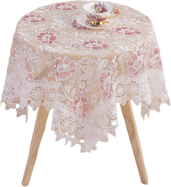 White Lace Tablecloth Round Embroidered Lace Tablecloth Vintage Decorative Exquisite Border Table Cover for Party Wedding Home Decorations, Round-48, White