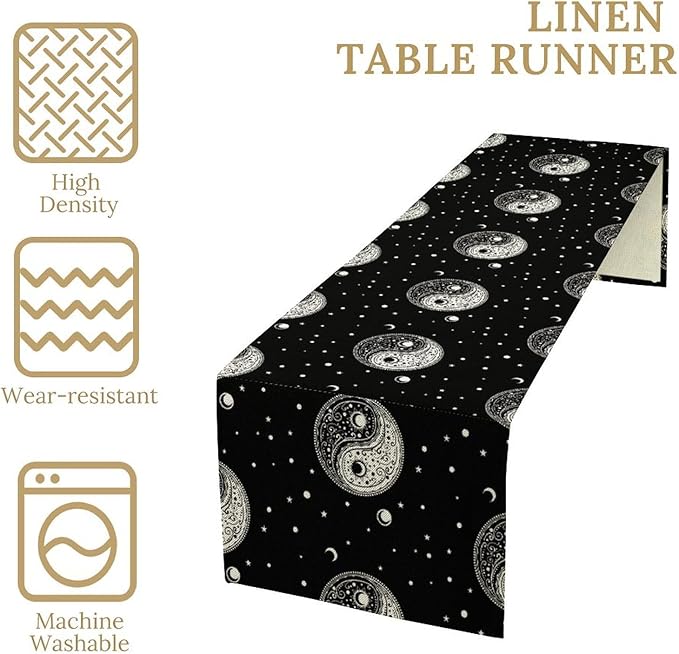Mystical Celestial Table Runner, Vintage Bohemian Black Yin Yang Symbol Moon Stars Print Table Runner for Office Kitchen Dining Wedding Party Home Coffee Table, 13x108inch