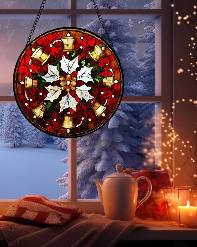 Stained Glass Window Hanging - Golden Bells Flowers Suncatcher for Doors Home Christmas Decoration Winter Sun Catcher Thanksgiving New Year Birthday Gift for Friend Women Men Mom Nana 6.3 in